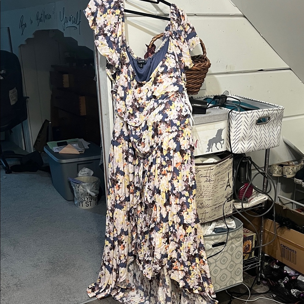Torrid High Low Floral Dress in Blue and Yellow